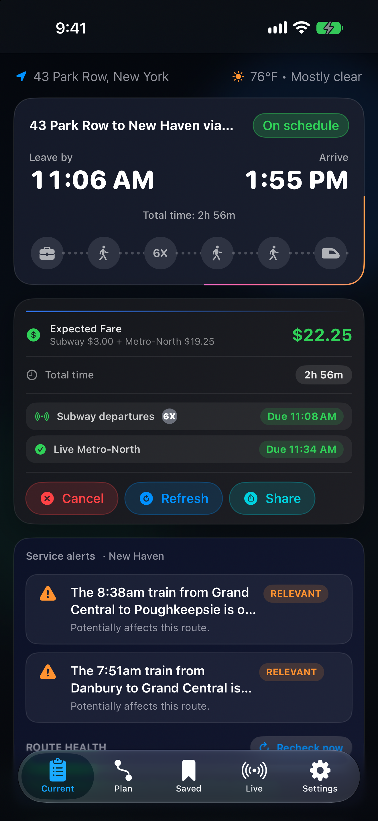 Onism live commute journey overview showing Harlem line departure, subway connection, and real-time route health